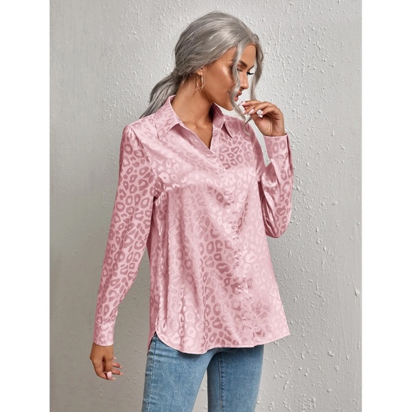 Leopard Print Satin Pink Button Down Long Sleeve Shirt - Picture 3 of 6